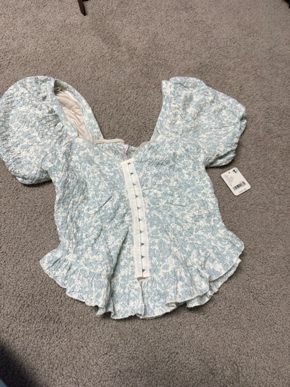 Free People Powder Blue Floral Puff Sleeve Peplum Blouse